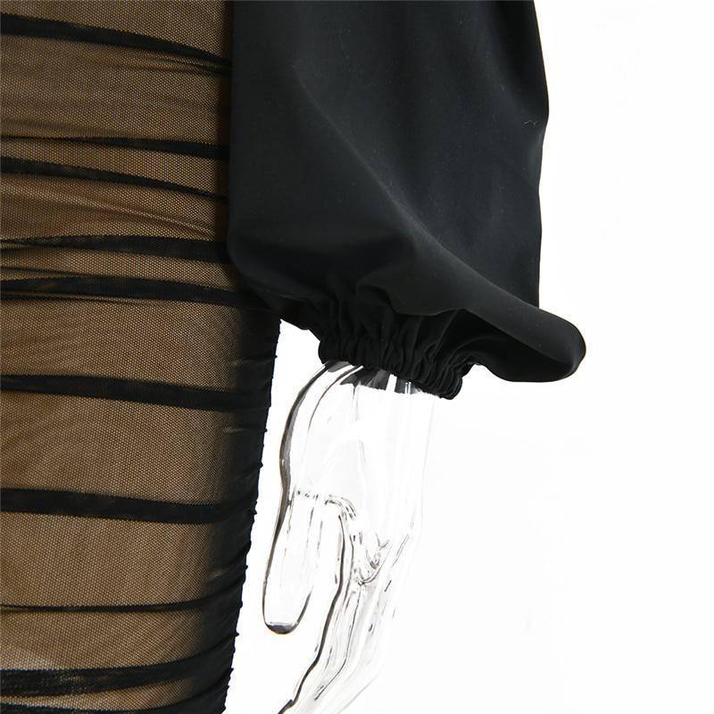 Fantoye 2021 Spring Double Layer Mesh Mini Dress Women Lantern Sleeve Ruched Bodycon Dress Clubwear Sexy Black Backless Vestido