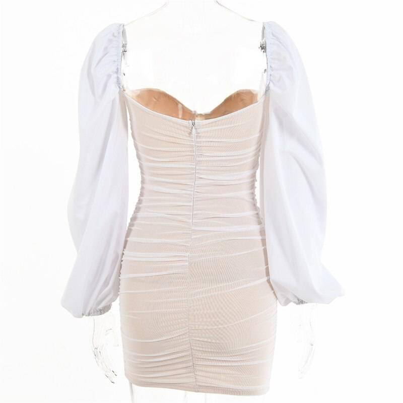 Fantoye 2021 Spring Double Layer Mesh Mini Dress Women Lantern Sleeve Ruched Bodycon Dress Clubwear Sexy Black Backless Vestido