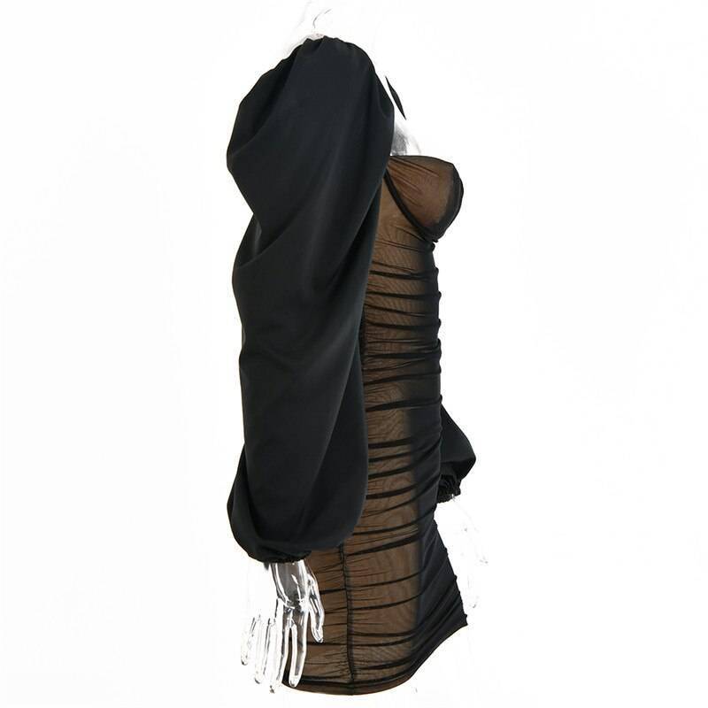 Fantoye 2021 Spring Double Layer Mesh Mini Dress Women Lantern Sleeve Ruched Bodycon Dress Clubwear Sexy Black Backless Vestido