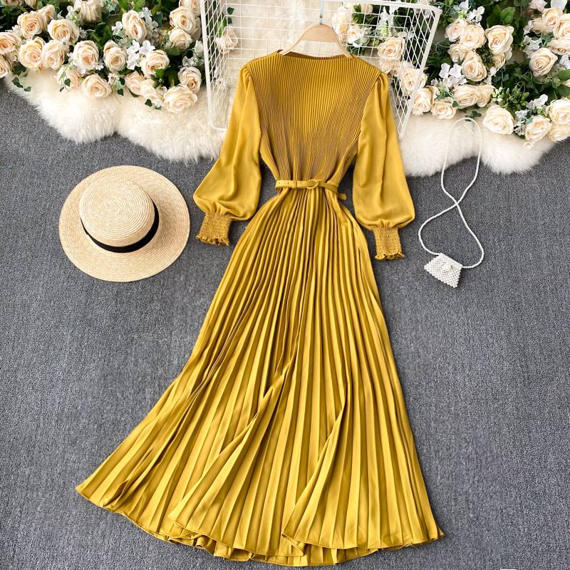 FREE SHIPPING Elegant French Design Autumn Pleated Maxi Dress OUT0849