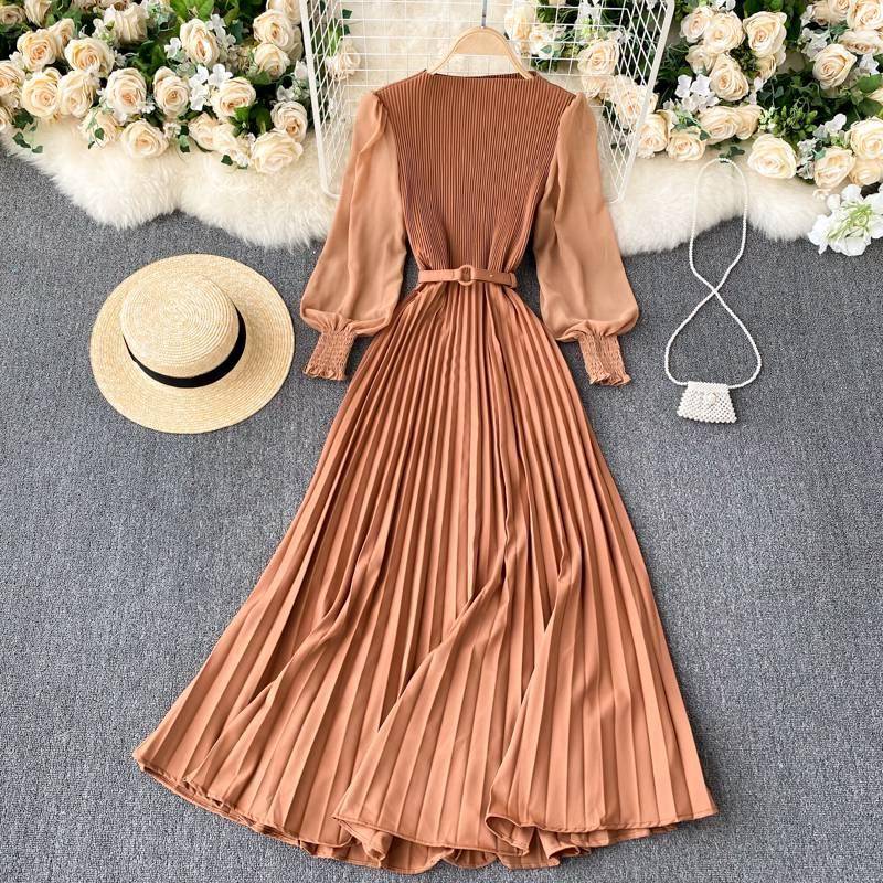 FREE SHIPPING Elegant French Design Autumn Pleated Maxi Dress OUT0849