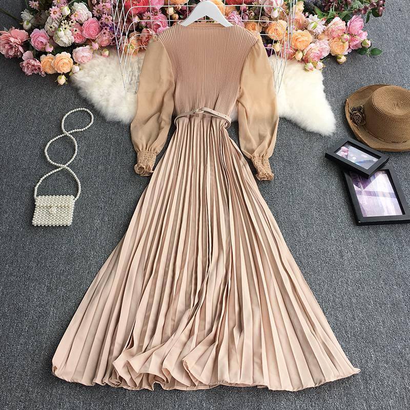 Autumn Fashion Streetwear Long Dress Design French Pleated Maxi Dress Women Elegant O Neck Long Sleeve A-line Dress Autumn Fashion Streetwear Long Dress Design French Pleated Maxi Dress Women Elegant O Neck Long Sleeve A-line Dress
