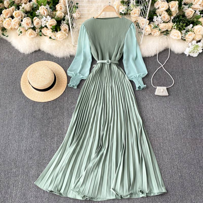 FREE SHIPPING Elegant French Design Autumn Pleated Maxi Dress OUT0849