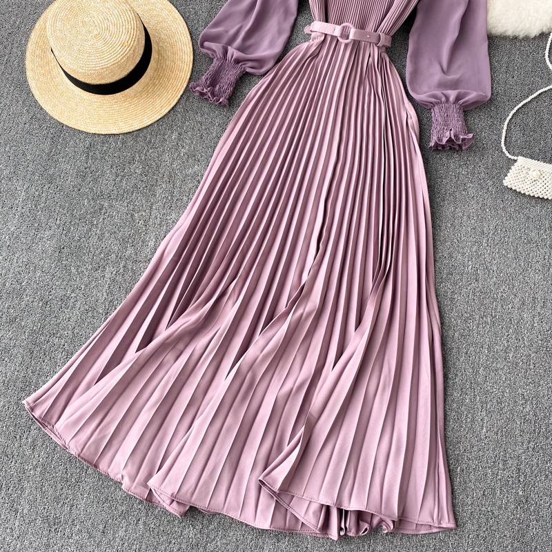FREE SHIPPING Elegant French Design Autumn Pleated Maxi Dress OUT0849
