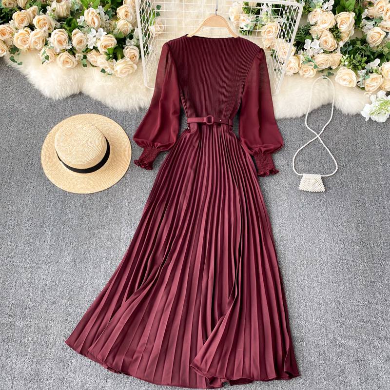 FREE SHIPPING Elegant French Design Autumn Pleated Maxi Dress OUT0849