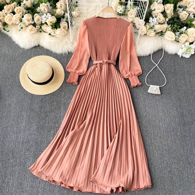 Autumn Fashion Streetwear Long Dress Design French Pleated Maxi Dress Women Elegant O Neck Long Sleeve A-line Dress