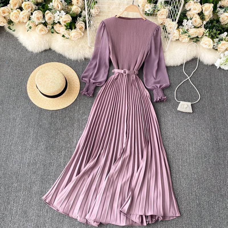 FREE SHIPPING Elegant French Design Autumn Pleated Maxi Dress OUT0849