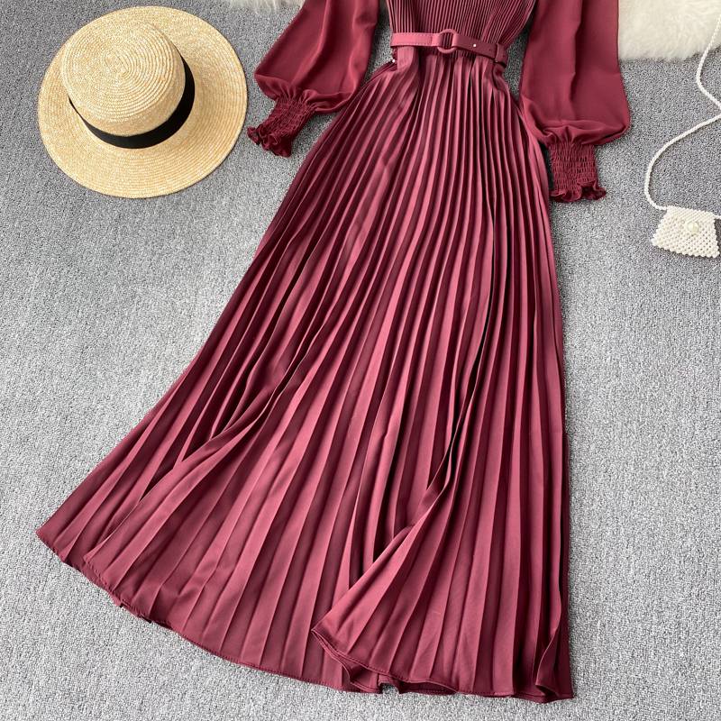 FREE SHIPPING Elegant French Design Autumn Pleated Maxi Dress OUT0849