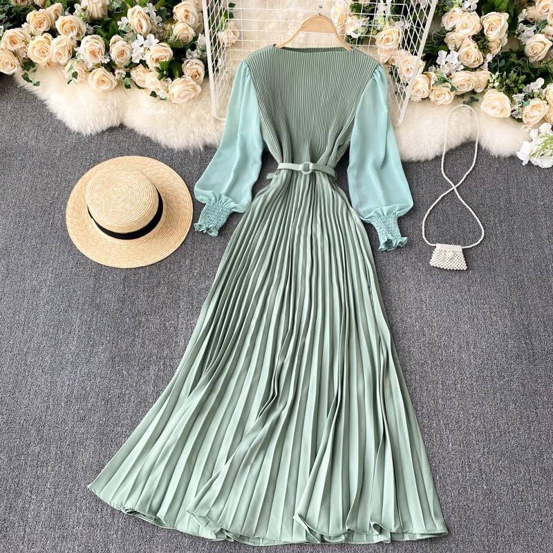 FREE SHIPPING Elegant French Design Autumn Pleated Maxi Dress OUT0849