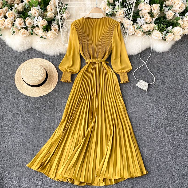 FREE SHIPPING Elegant French Design Autumn Pleated Maxi Dress OUT0849