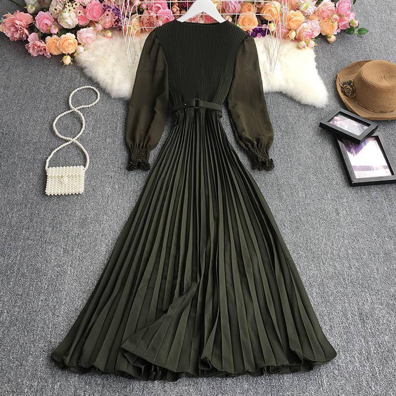 Autumn Fashion Streetwear Long Dress Design French Pleated Maxi Dress Women Elegant O Neck Long Sleeve A-line Dress Autumn Fashion Streetwear Long Dress Design French Pleated Maxi Dress Women Elegant O Neck Long Sleeve A-line Dress