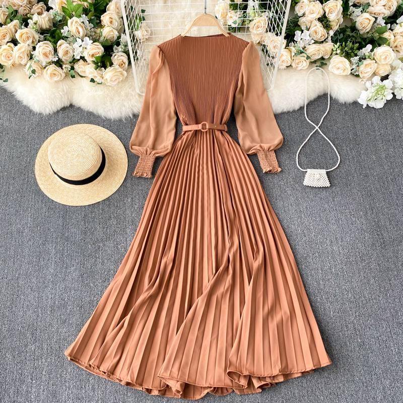 Autumn Fashion Streetwear Long Dress Design French Pleated Maxi Dress Women Elegant O Neck Long Sleeve A-line Dress