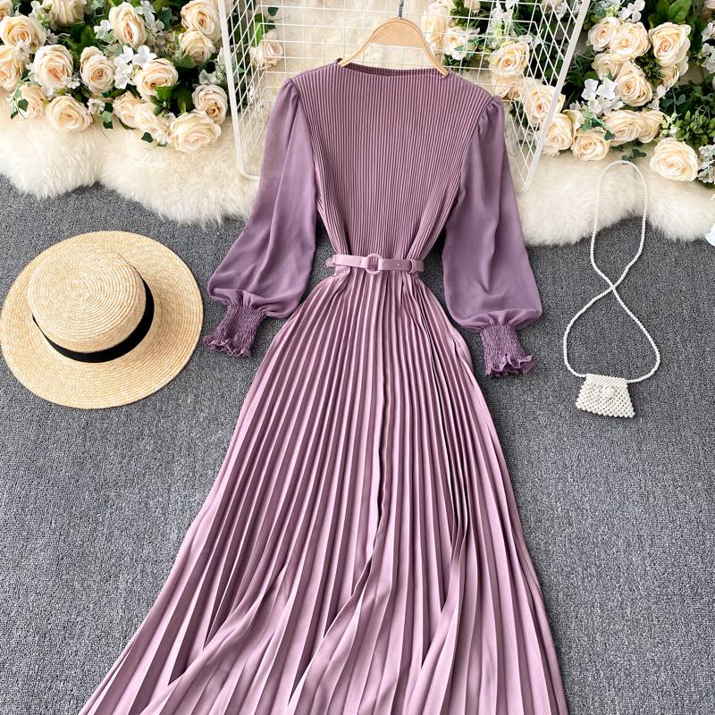 FREE SHIPPING Elegant French Design Autumn Pleated Maxi Dress OUT0849