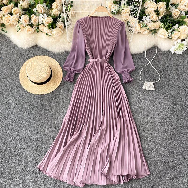 FREE SHIPPING Elegant French Design Autumn Pleated Maxi Dress OUT0849