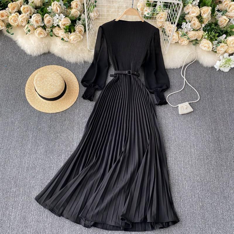 FREE SHIPPING Elegant French Design Autumn Pleated Maxi Dress OUT0849
