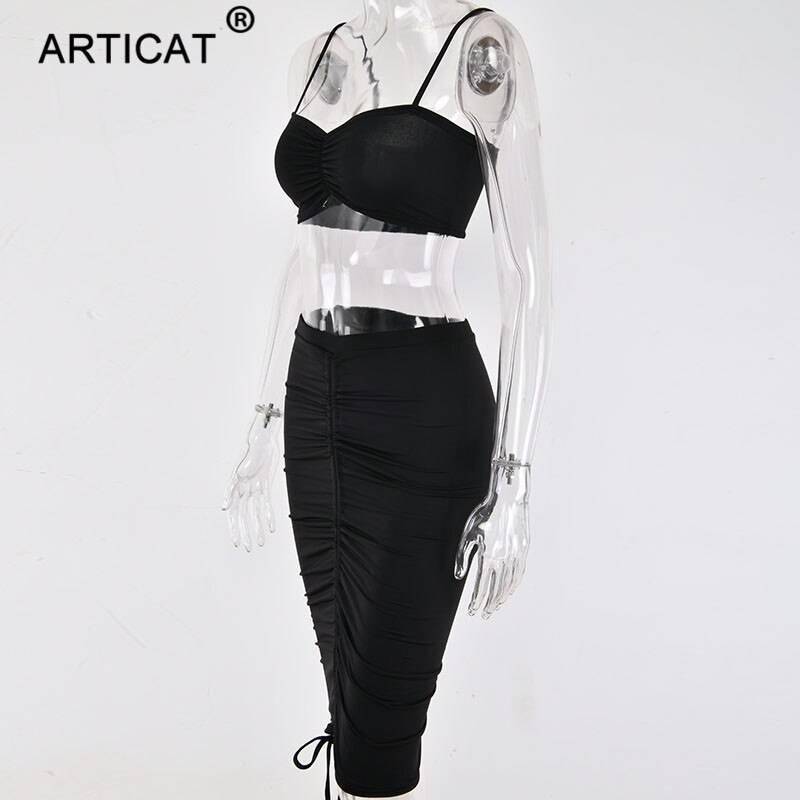 Articat Two Piece Sexy Pleated Party Dress Women Spaghetti Strap Backless Slinny Pencil Christmas Dress Casual Dress Vestidos