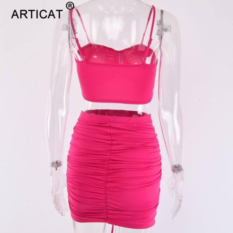 Articat Two Piece Sexy Pleated Party Dress Women Spaghetti Strap Backless Slinny Pencil Christmas Dress Casual Dress Vestidos