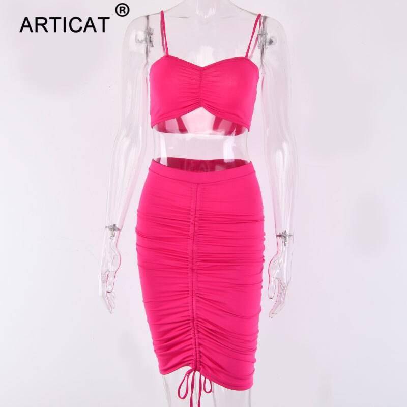 Articat Two Piece Sexy Pleated Party Dress Women Spaghetti Strap Backless Slinny Pencil Christmas Dress Casual Dress Vestidos