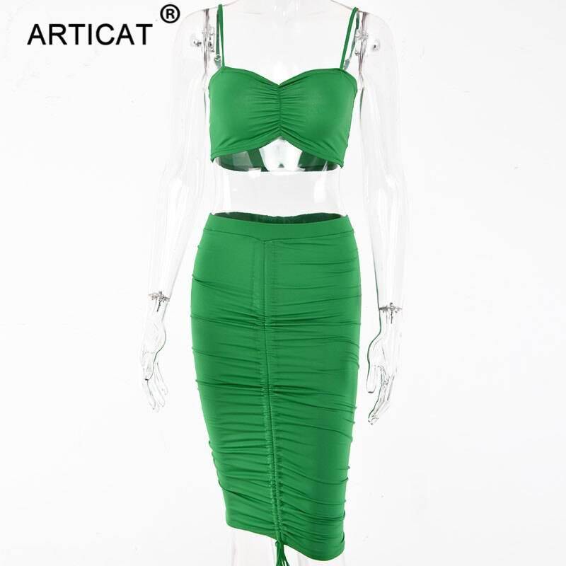 Articat Two Piece Sexy Pleated Party Dress Women Spaghetti Strap Backless Slinny Pencil Christmas Dress Casual Dress Vestidos