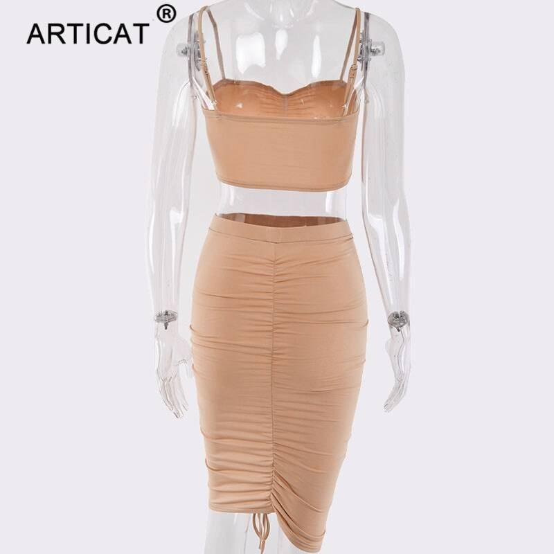 Articat Two Piece Sexy Pleated Party Dress Women Spaghetti Strap Backless Slinny Pencil Christmas Dress Casual Dress Vestidos