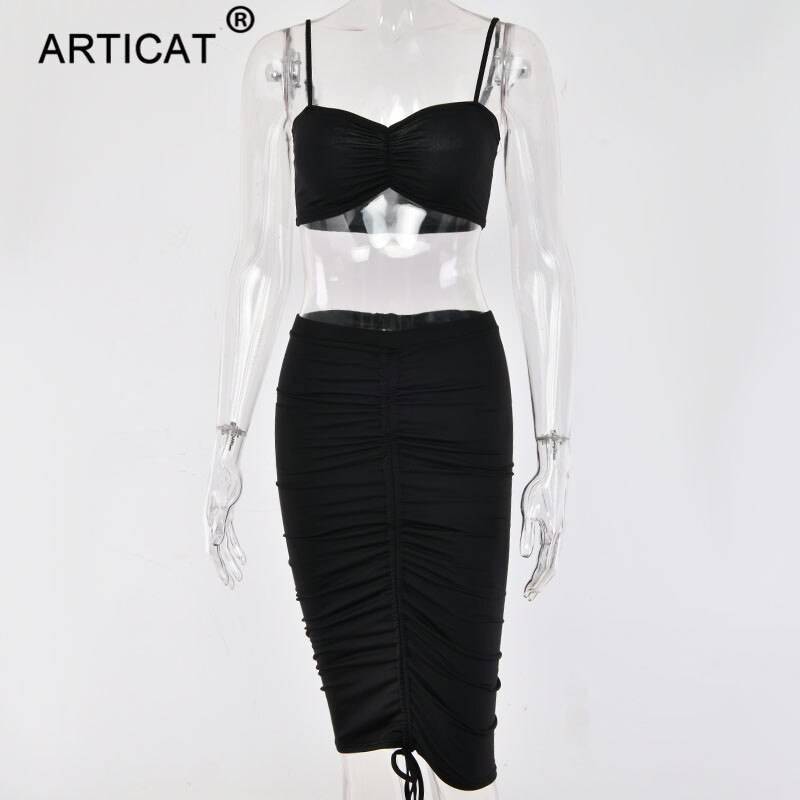 Articat Two Piece Sexy Pleated Party Dress Women Spaghetti Strap Backless Slinny Pencil Christmas Dress Casual Dress Vestidos