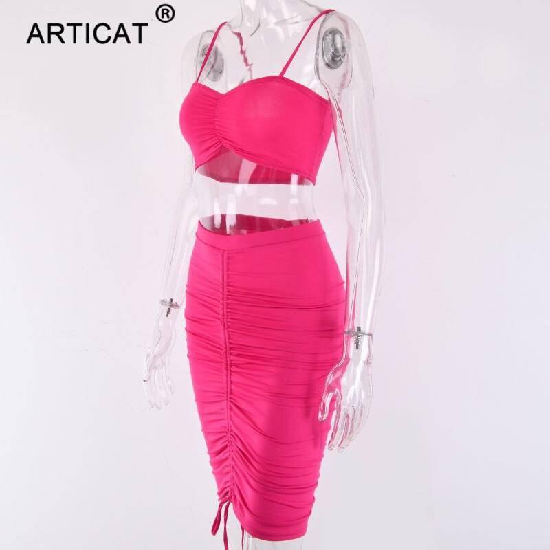 Articat Two Piece Sexy Pleated Party Dress Women Spaghetti Strap Backless Slinny Pencil Christmas Dress Casual Dress Vestidos