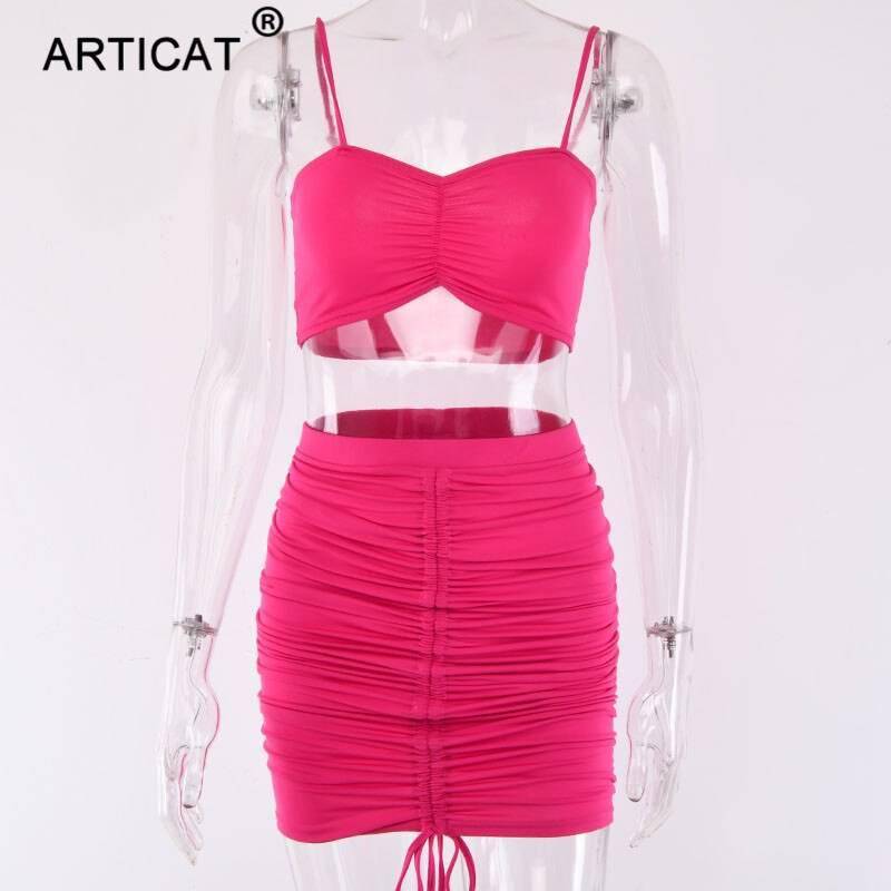 Articat Two Piece Sexy Pleated Party Dress Women Spaghetti Strap Backless Slinny Pencil Christmas Dress Casual Dress Vestidos