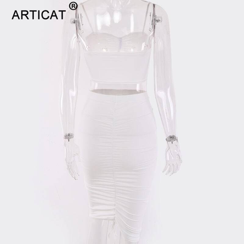 Articat Two Piece Sexy Pleated Party Dress Women Spaghetti Strap Backless Slinny Pencil Christmas Dress Casual Dress Vestidos