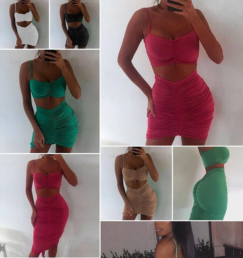 Articat Two Piece Sexy Pleated Party Dress Women Spaghetti Strap Backless Slinny Pencil Christmas Dress Casual Dress Vestidos