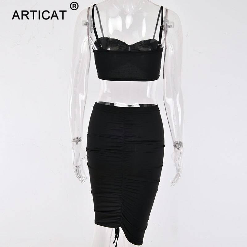 Articat Two Piece Sexy Pleated Party Dress Women Spaghetti Strap Backless Slinny Pencil Christmas Dress Casual Dress Vestidos