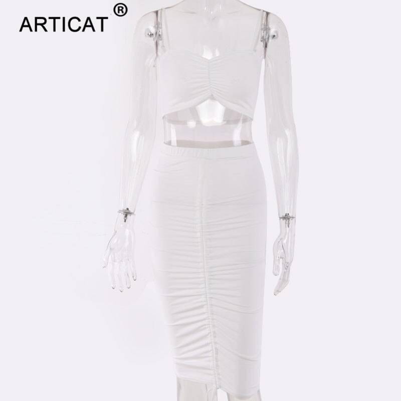 Articat Two Piece Sexy Pleated Party Dress Women Spaghetti Strap Backless Slinny Pencil Christmas Dress Casual Dress Vestidos