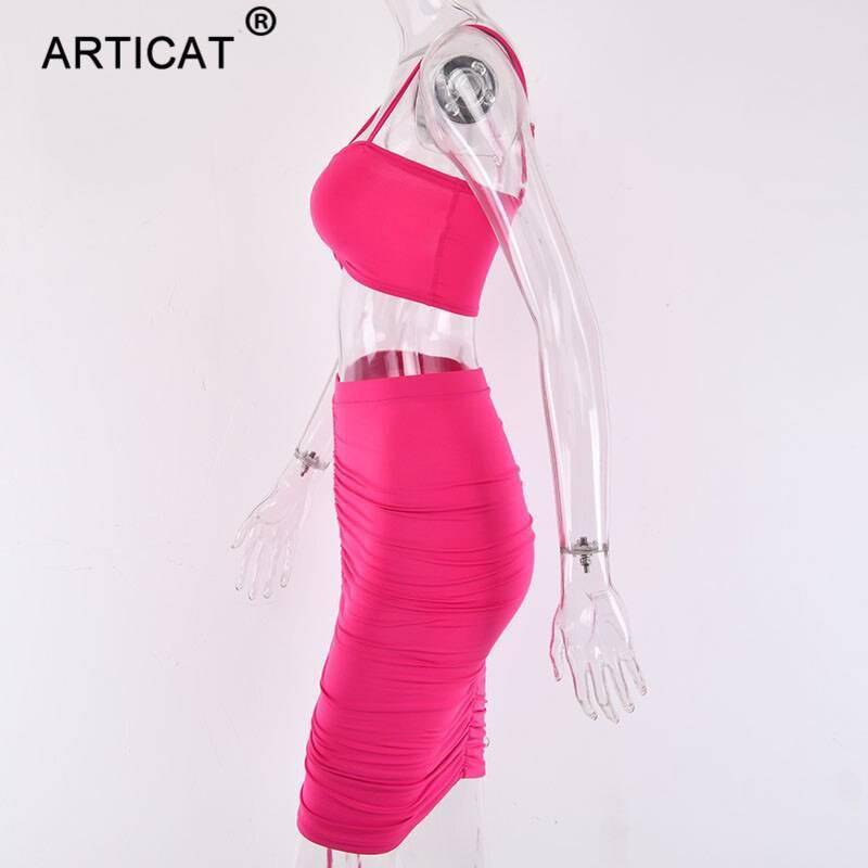 Articat Two Piece Sexy Pleated Party Dress Women Spaghetti Strap Backless Slinny Pencil Christmas Dress Casual Dress Vestidos