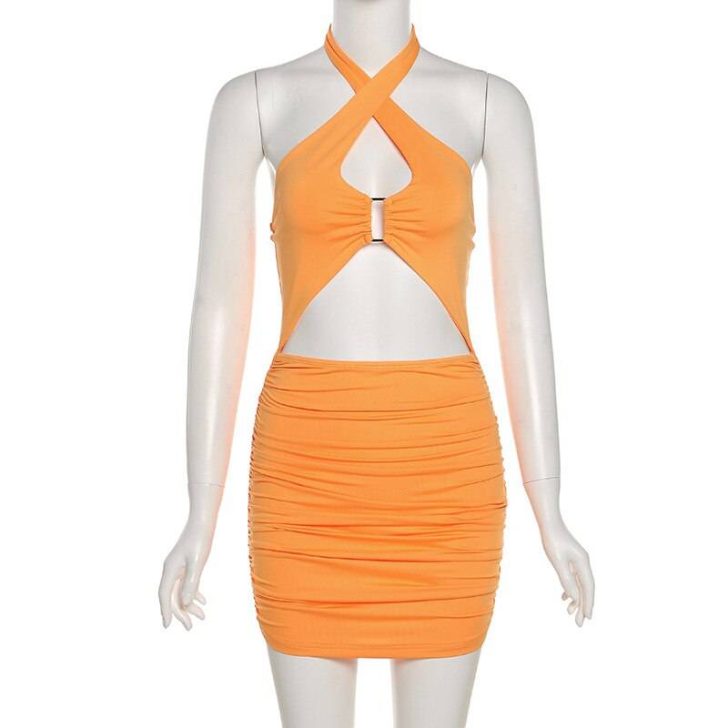 2021 Summer Backless Mini Dress Halter Neck Bodycon Dress Club Outfit ...