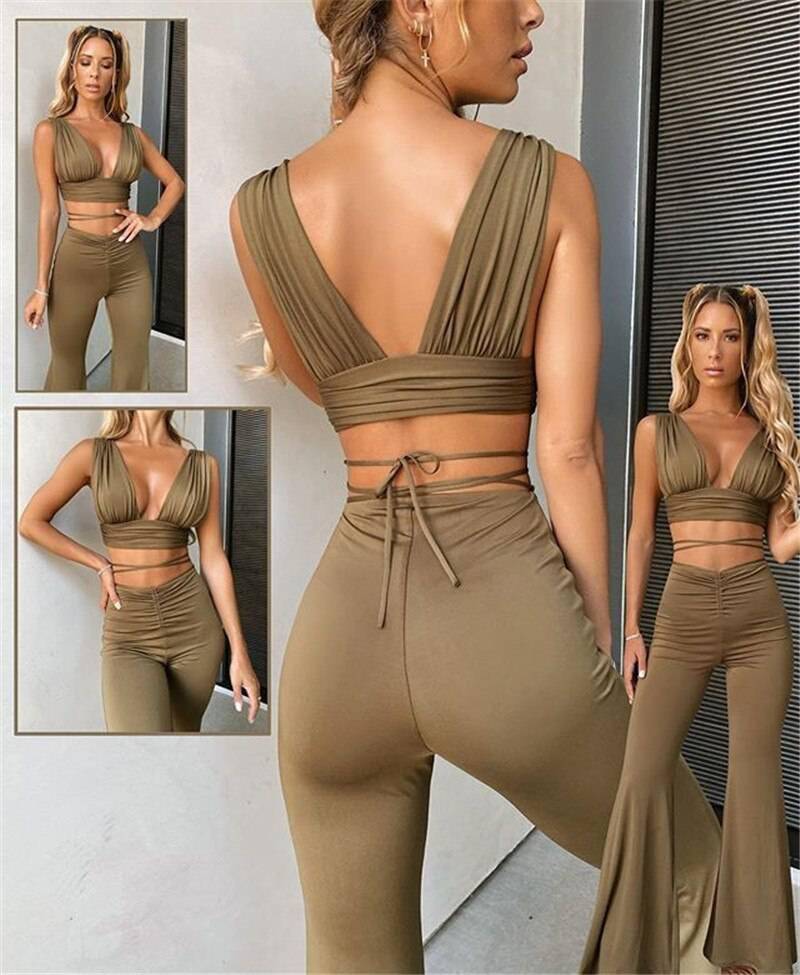 Articat Slim Backless Two Piece Set Women Solid Sleeveless Top Long Pants Ladies Winter Slim Hollow Out Women Streetwear Sets