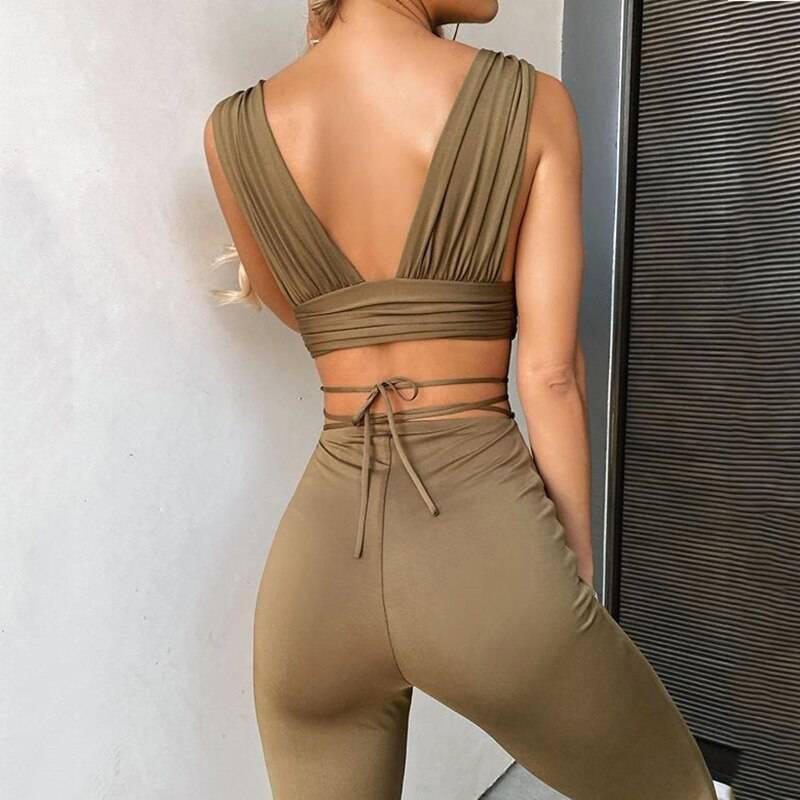 Women Streetwear Sets Backless Solid Top Sleeveless And Long Pants OUT0857