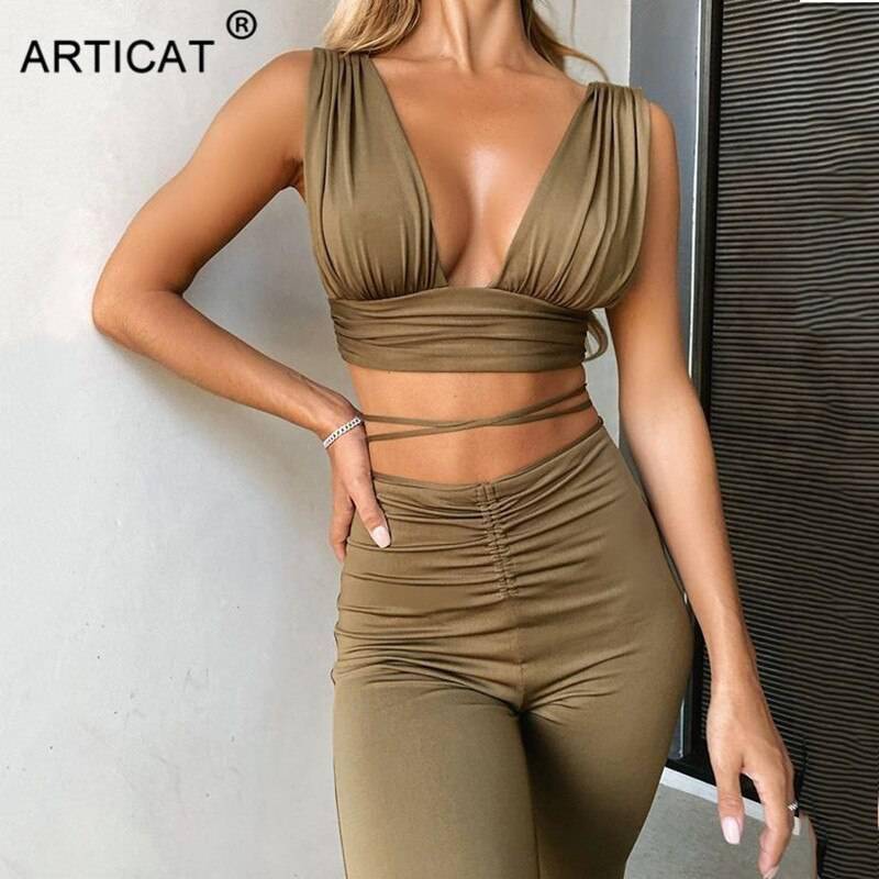 Women Streetwear Sets Backless Solid Top Sleeveless And Long Pants OUT0857