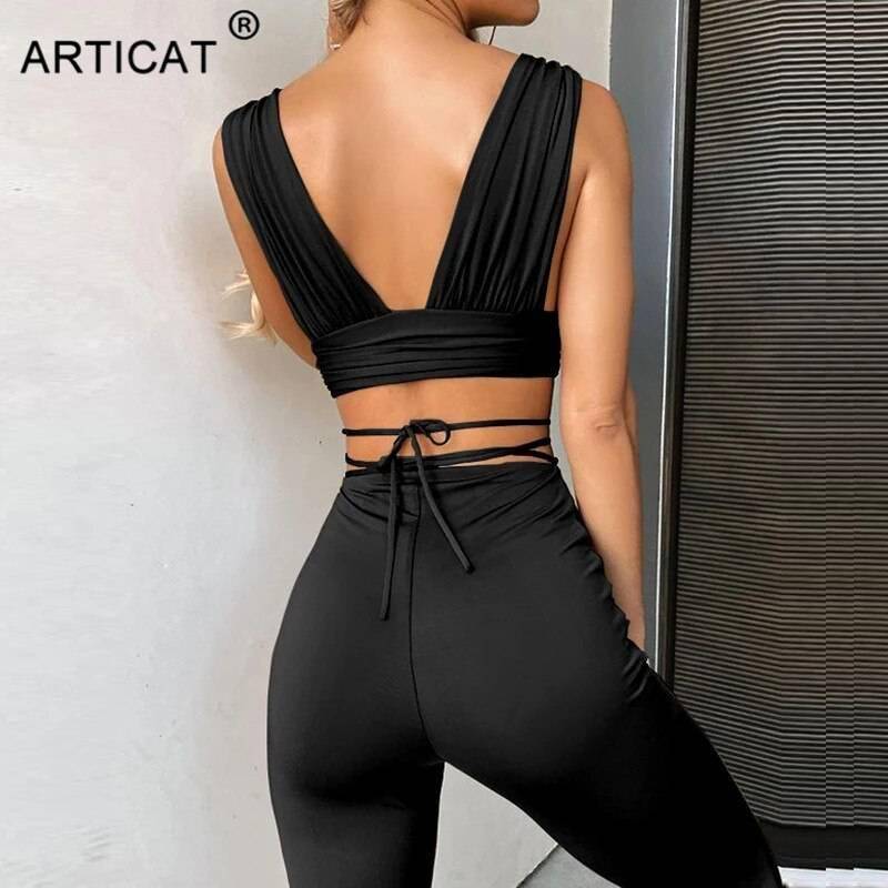 Women Streetwear Sets Backless Solid Top Sleeveless And Long Pants OUT0857