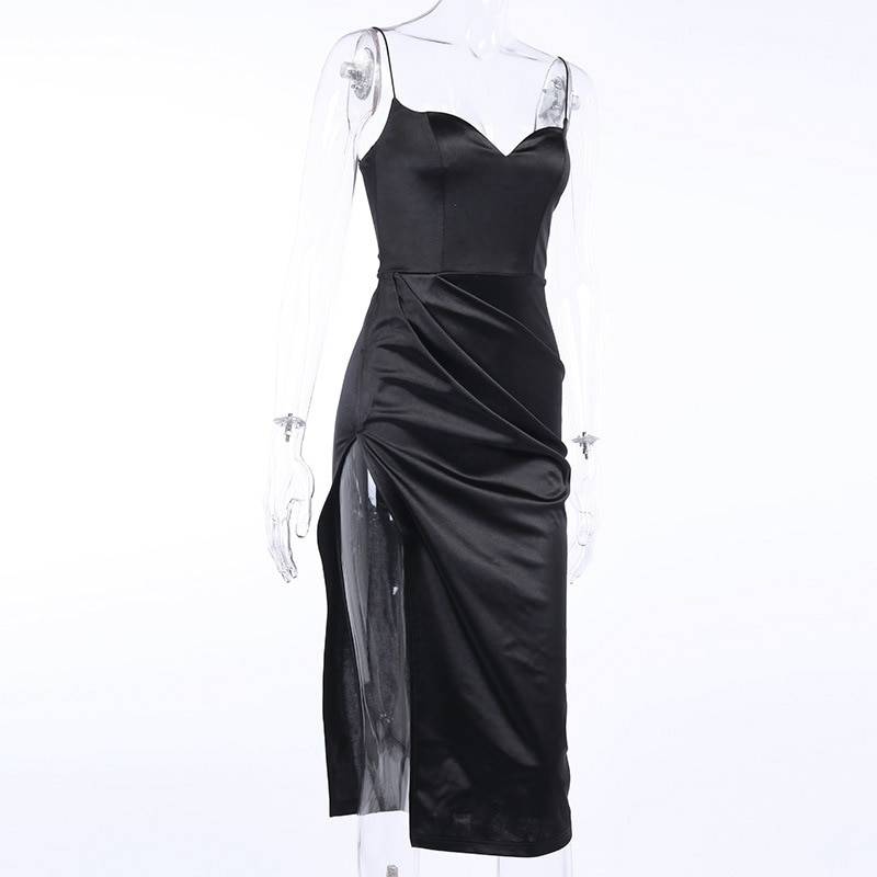 Elegant Black Satin Long Dress Spaghetti Straps Low Cut OUT0860