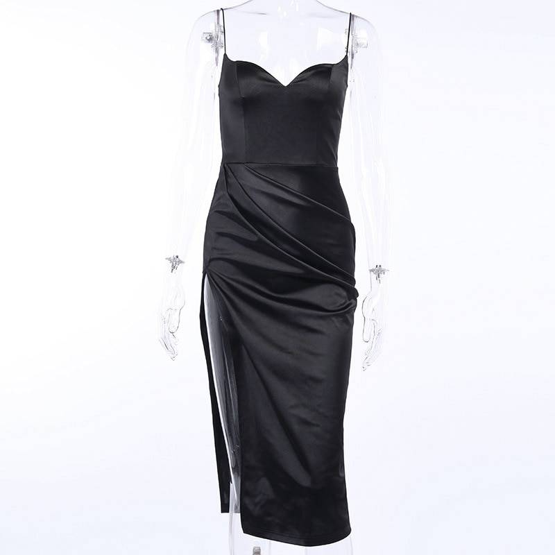 Elegant Black Satin Long Dress Spaghetti Straps Low Cut OUT0860