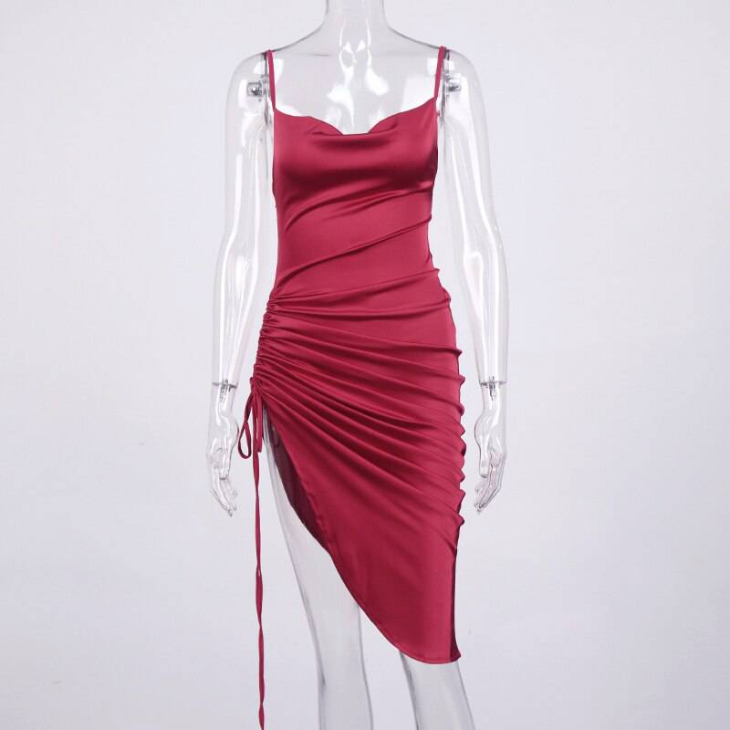 Celebrity Style Ruched Satin Summer Dress Backless OUT0863