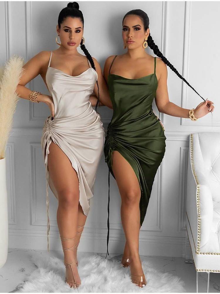 NewAsia Ruched Satin Summer Dress Drawstring Spaghetti Straps Cowl Neck Backless Long Dresses for Women Party Sexy Vestidos 2020 NewAsia Ruched Satin Summer Dress Drawstring Spaghetti Straps Cowl Neck Backless Long Dresses for Women Party Sexy Vestidos 2020