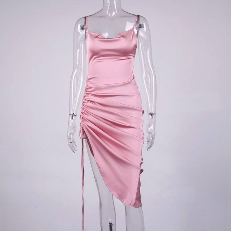 NewAsia Ruched Satin Summer Dress Drawstring Spaghetti Straps Cowl Neck Backless Long Dresses for Women Party Sexy Vestidos 2020 NewAsia Ruched Satin Summer Dress Drawstring Spaghetti Straps Cowl Neck Backless Long Dresses for Women Party Sexy Vestidos 2020