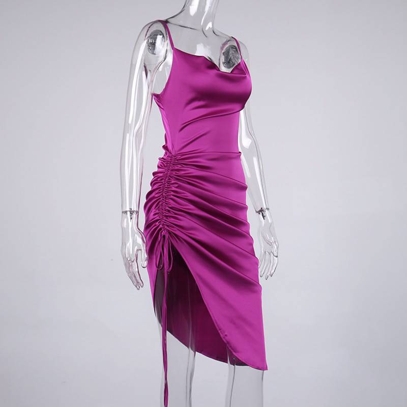 Celebrity Style Ruched Satin Summer Dress Backless OUT0863