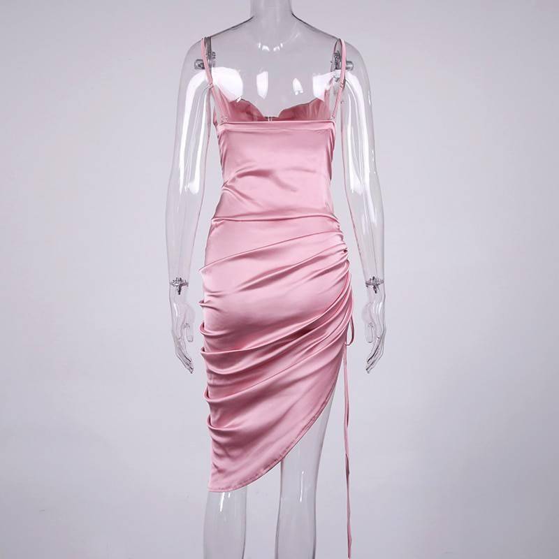 NewAsia Ruched Satin Summer Dress Drawstring Spaghetti Straps Cowl Neck Backless Long Dresses for Women Party Sexy Vestidos 2020 NewAsia Ruched Satin Summer Dress Drawstring Spaghetti Straps Cowl Neck Backless Long Dresses for Women Party Sexy Vestidos 2020