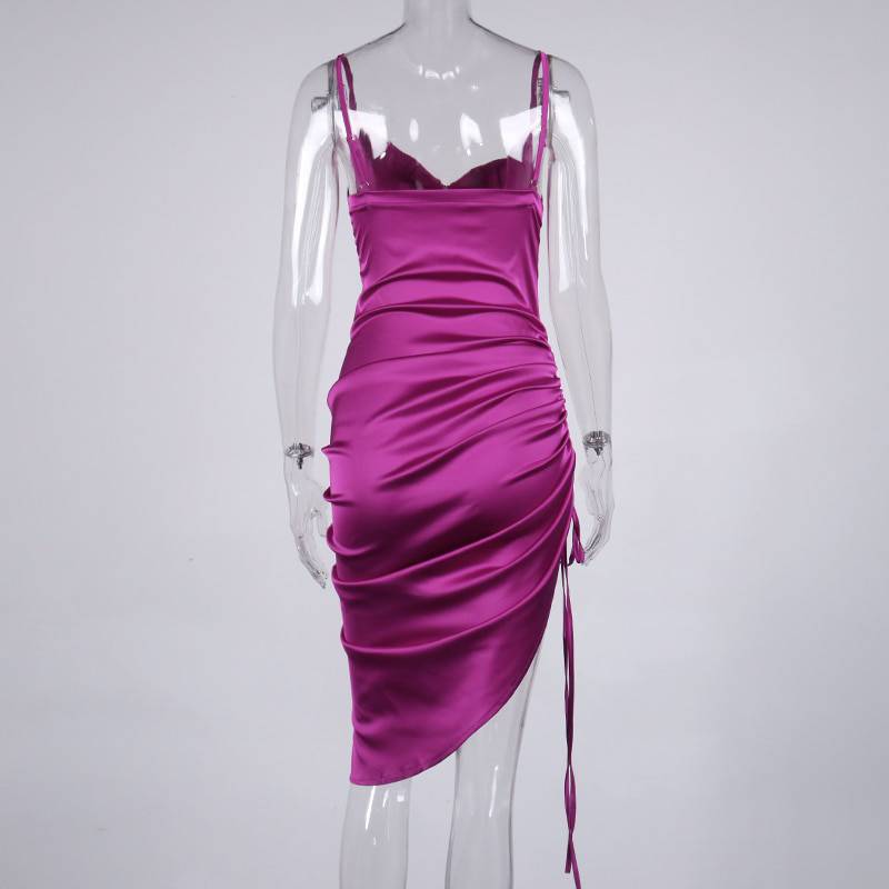 Celebrity Style Ruched Satin Summer Dress Backless OUT0863