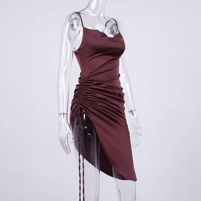NewAsia Ruched Satin Summer Dress Drawstring Spaghetti Straps Cowl Neck Backless Long Dresses for Women Party Sexy Vestidos 2020 NewAsia Ruched Satin Summer Dress Drawstring Spaghetti Straps Cowl Neck Backless Long Dresses for Women Party Sexy Vestidos 2020