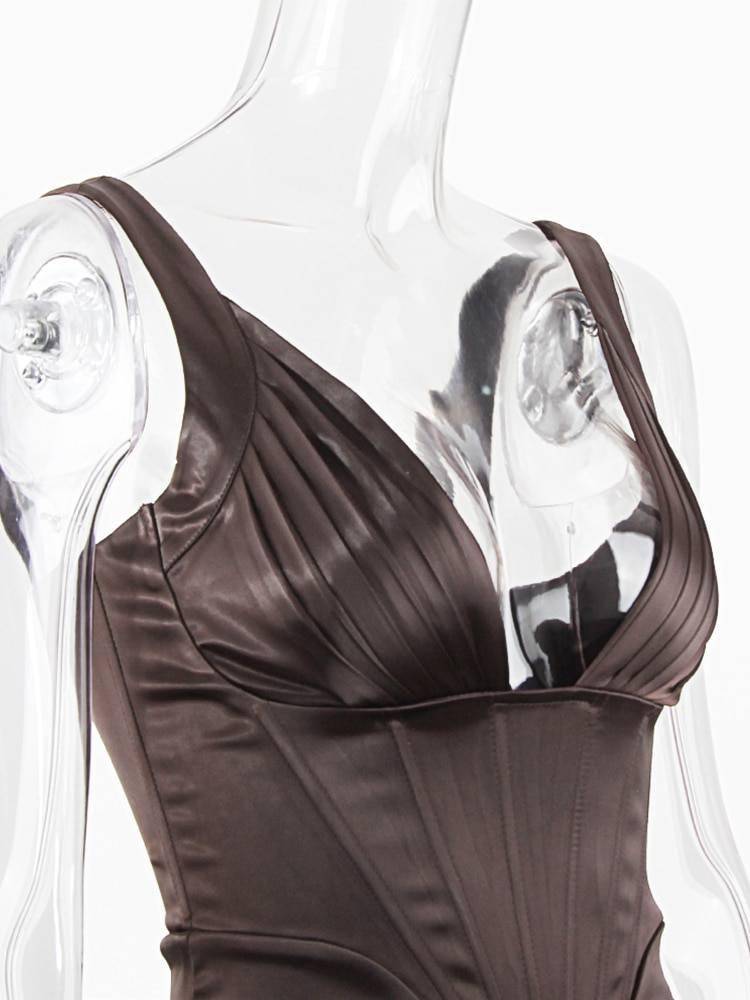 Karlofea Female Summer Stretchy Satin Corset Dress Chic Slit Draped Midi Dress Festival Clothing Sexy V Neck Club Party Dresses