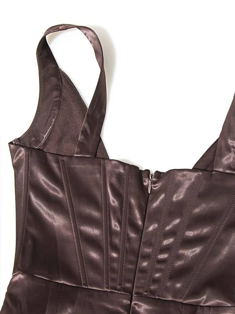 Karlofea Female Summer Stretchy Satin Corset Dress Chic Slit Draped Midi Dress Festival Clothing Sexy V Neck Club Party Dresses