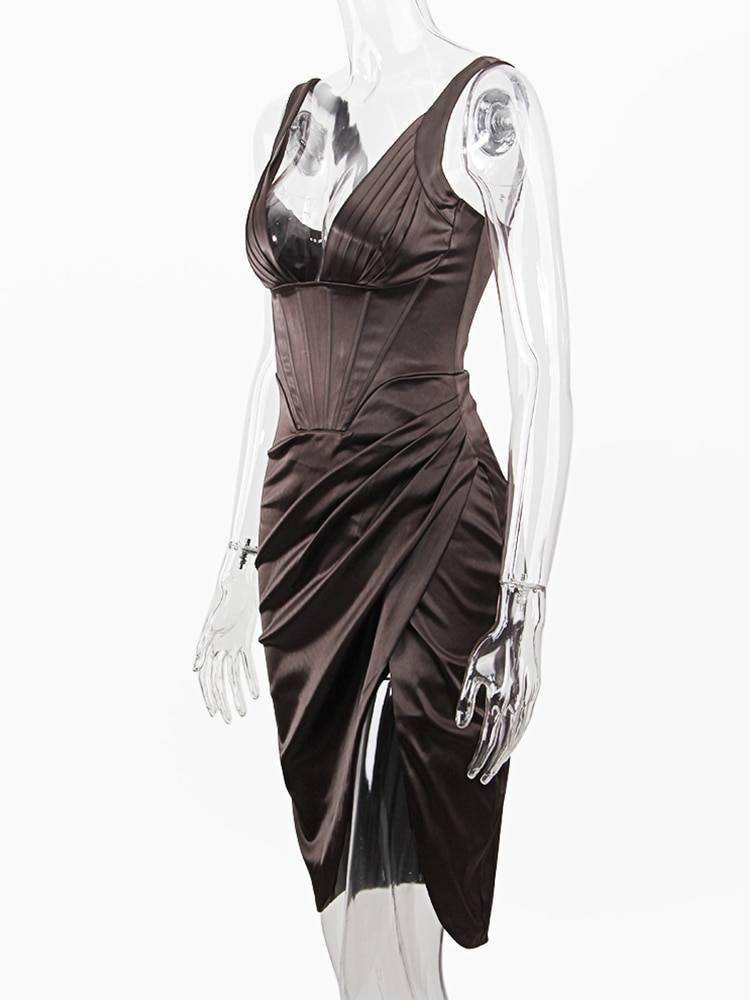 Karlofea Female Summer Stretchy Satin Corset Dress Chic Slit Draped Midi Dress Festival Clothing Sexy V Neck Club Party Dresses