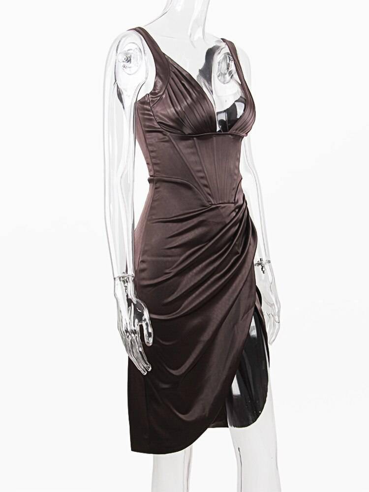 Karlofea Female Summer Stretchy Satin Corset Dress Chic Slit Draped Midi Dress Festival Clothing Sexy V Neck Club Party Dresses